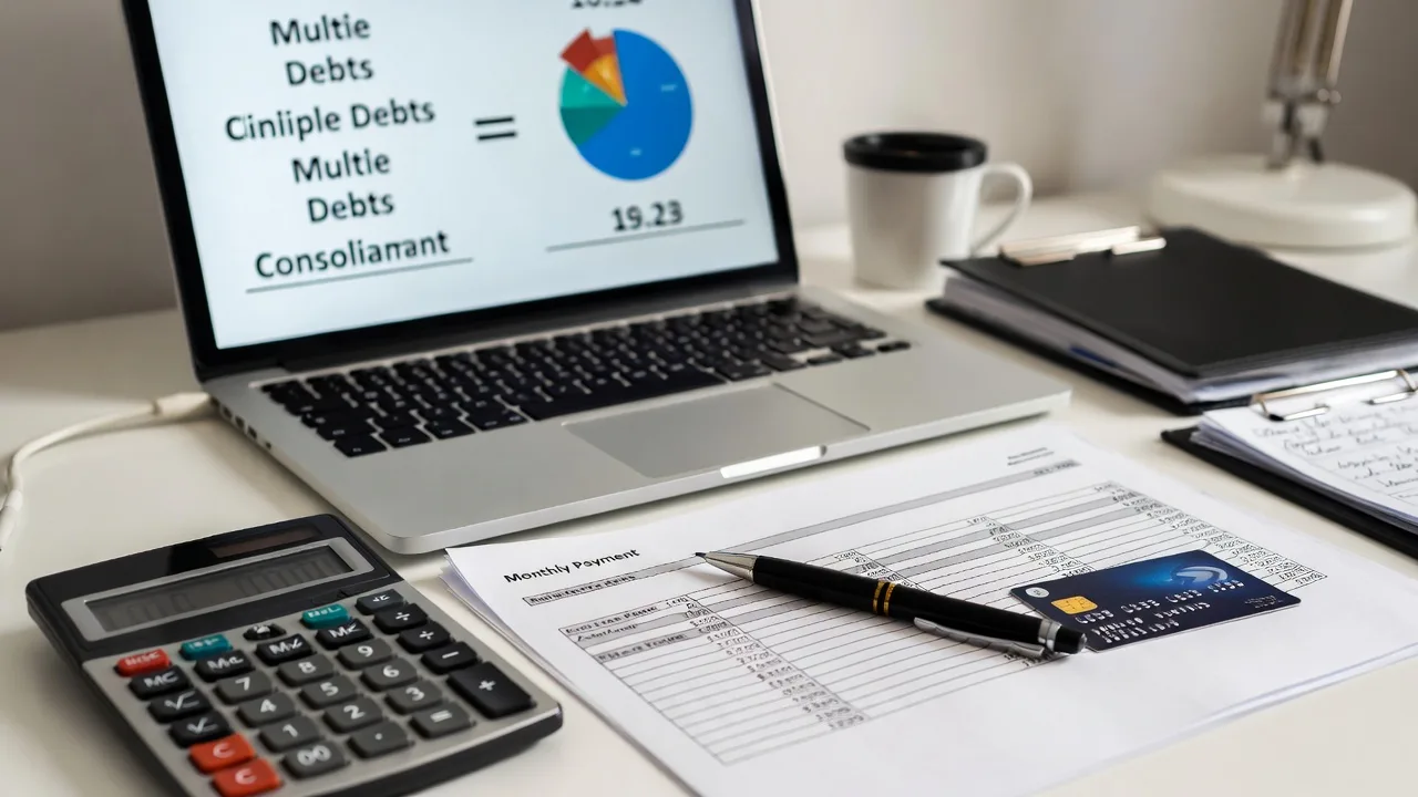 Desk with a laptop showing a blurred debt consolidation comparison and payment notes