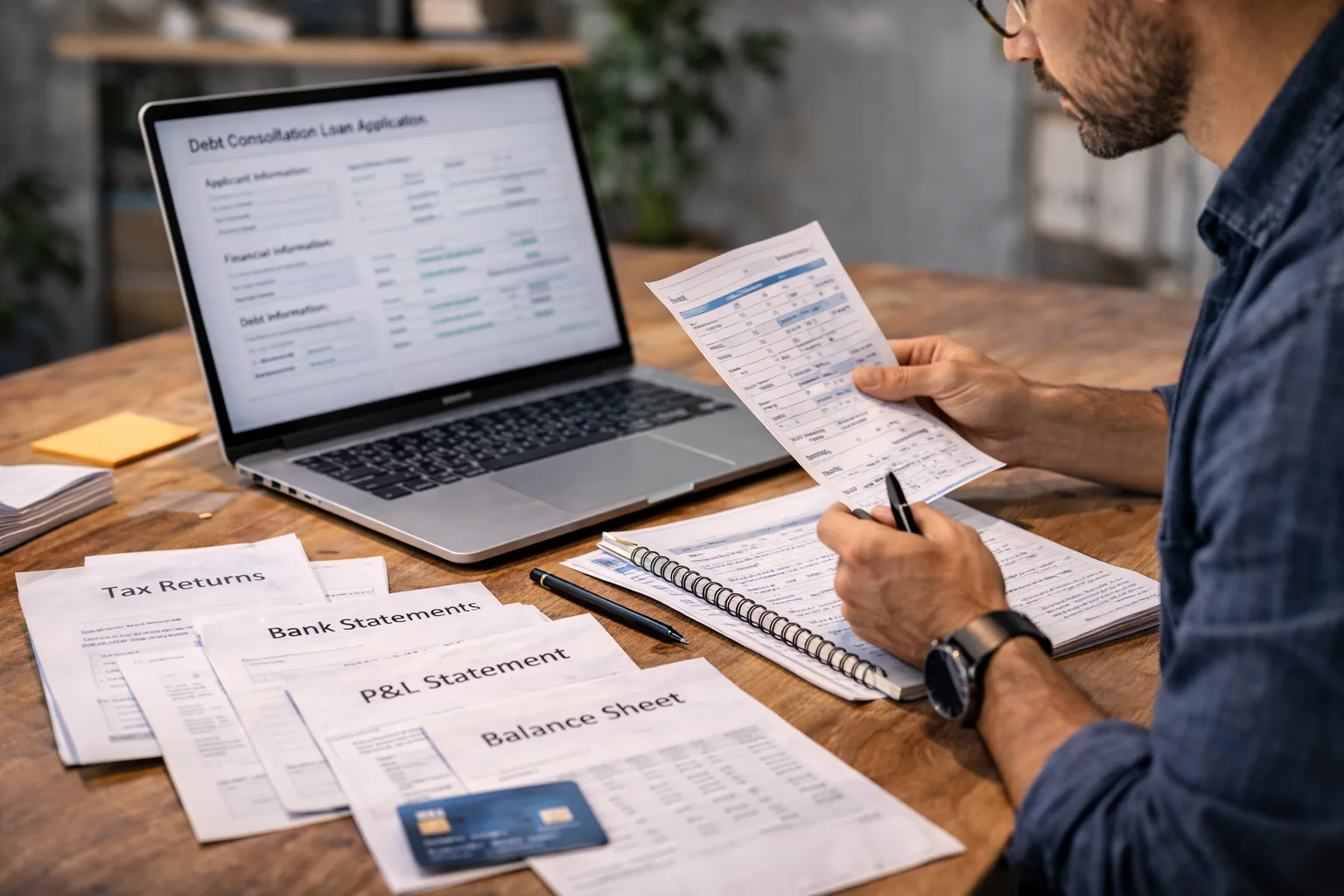 Business owner organizing financial documents for a debt consolidation loan application