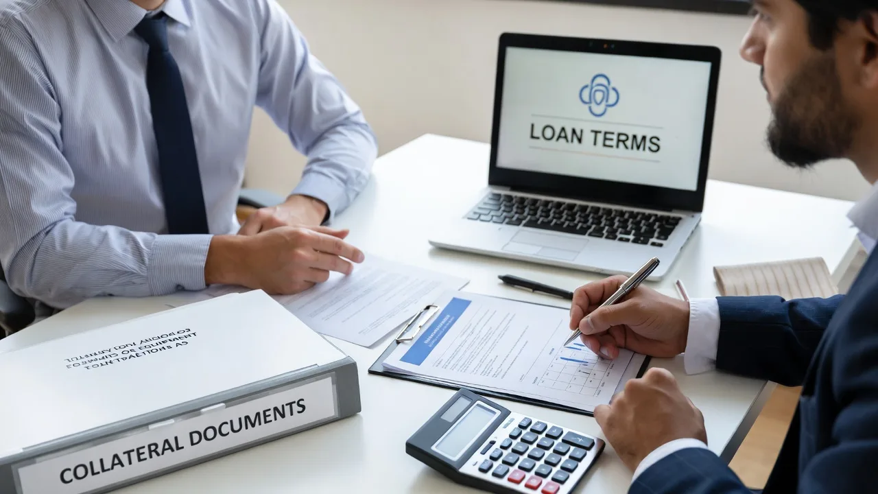 Business owner discussing collateral and personal guarantee terms with a lender