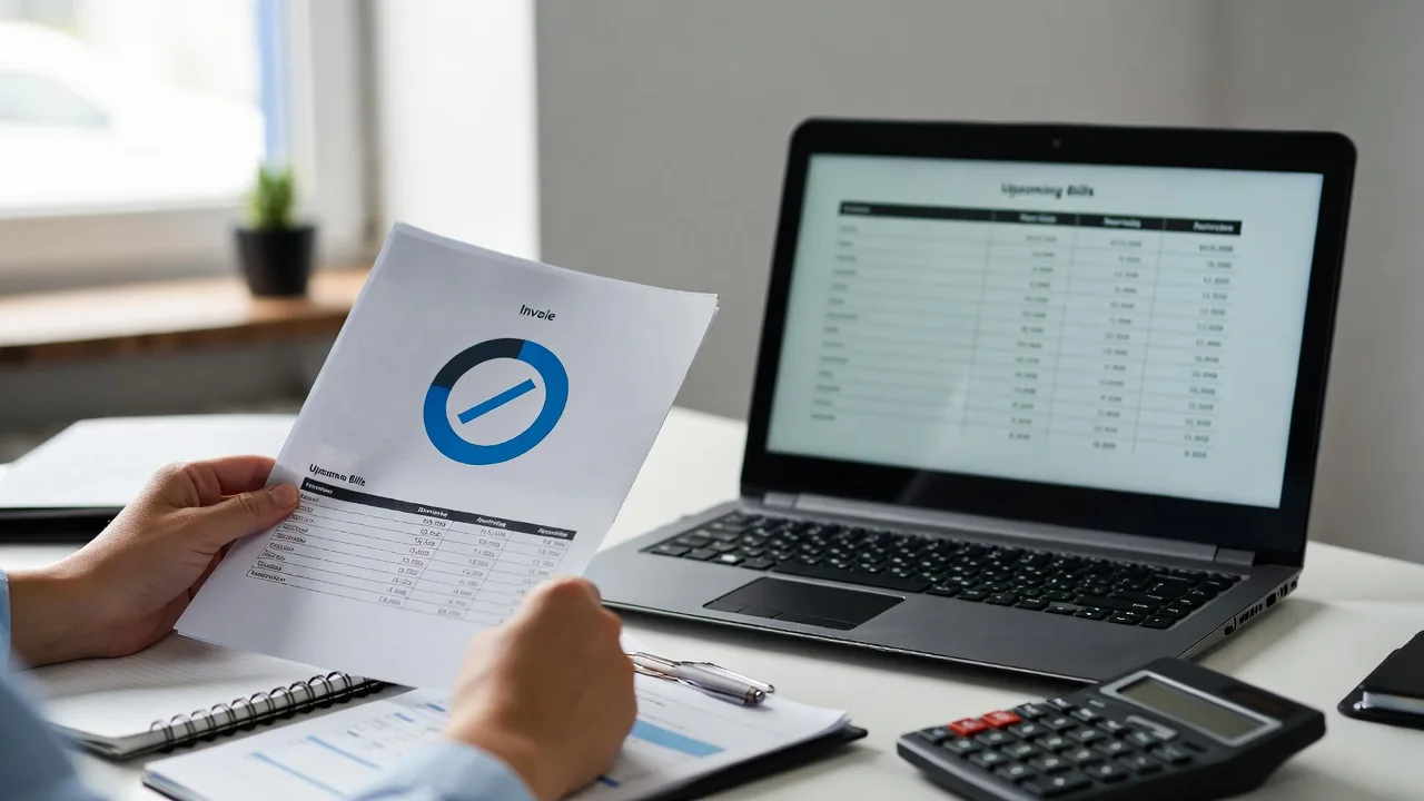 Business owner comparing unpaid client invoices with upcoming business bills