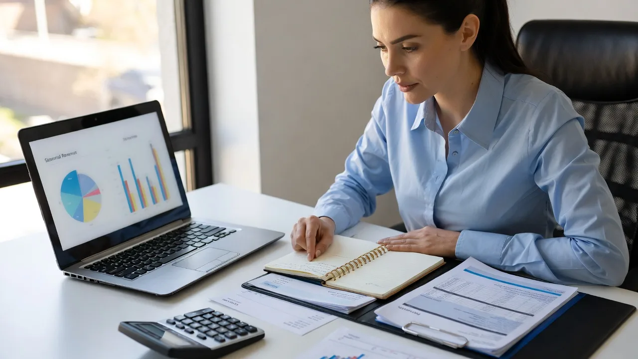 Seasonal business owner reviewing revenue trends, payroll, and operating costs