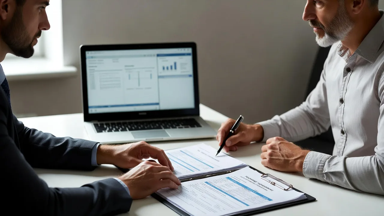 Lender and business buyer reviewing documents during acquisition loan underwriting