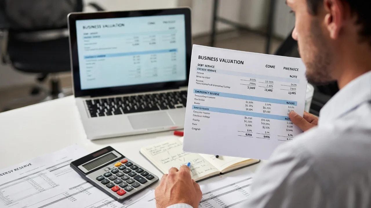 Business buyer reviewing cash flow projections and reserve planning before an acquisition