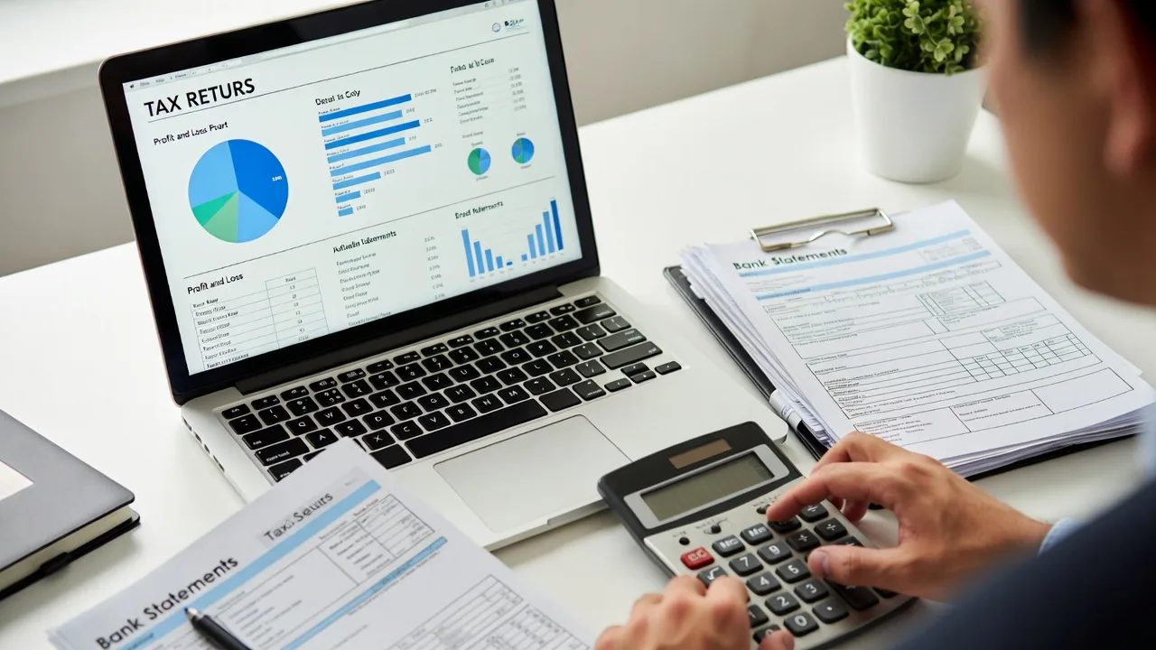 Financial records including profit and loss reports, tax returns, and bank statements for a loan application