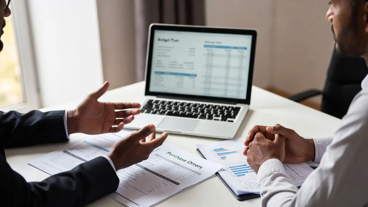 Business owner discussing loan use of funds, contracts, and business plan with a lender