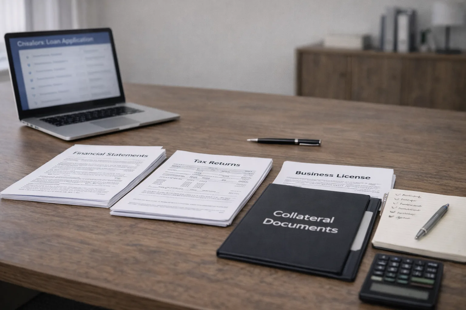 Lender and business owner reviewing a business loan application during underwriting