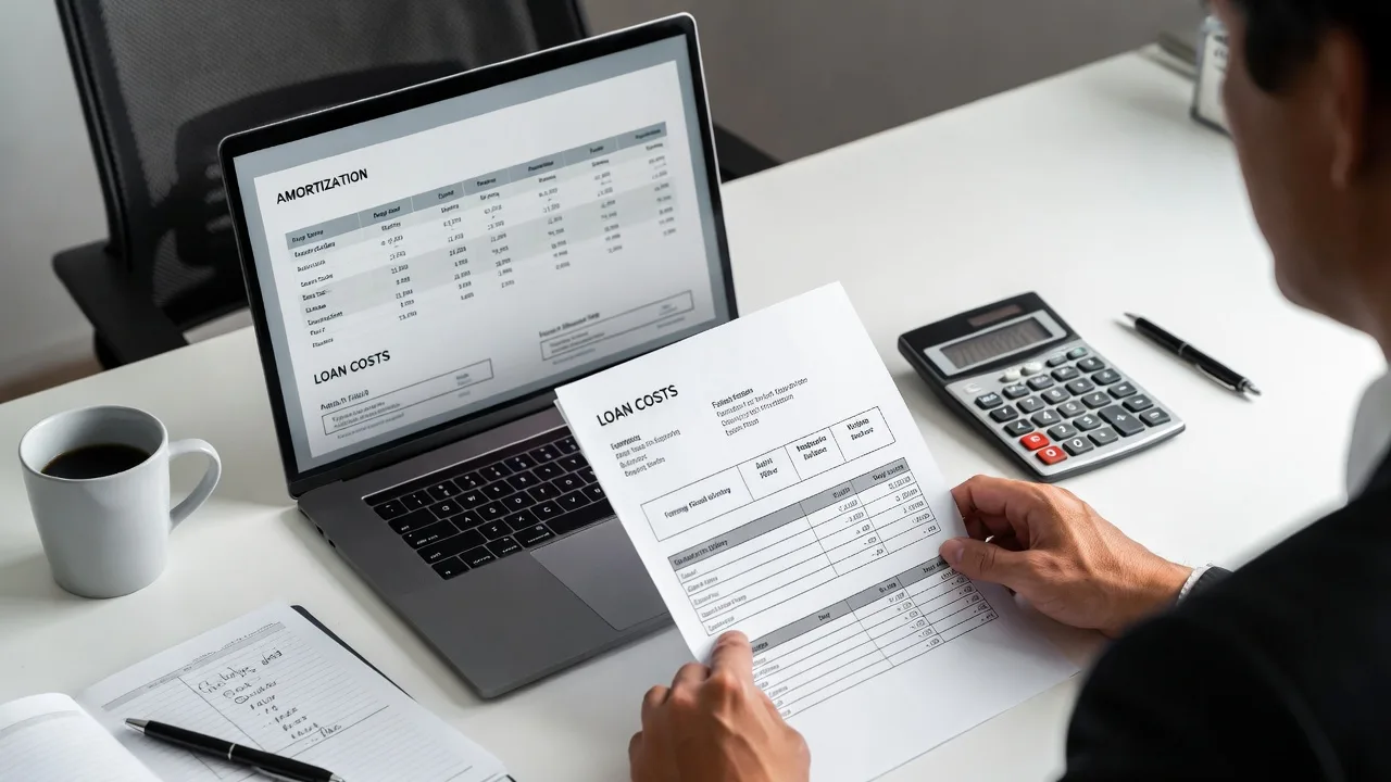 Business owner calculating total cost, fees, and repayment schedule for a term loan