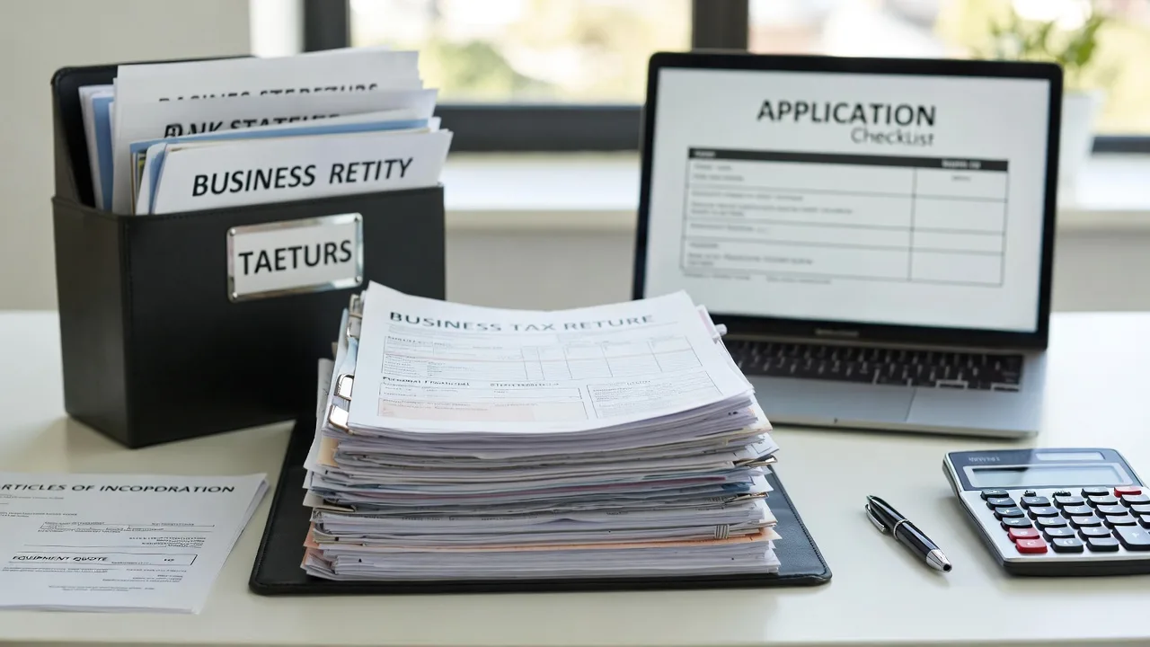 Organized financial and legal documents prepared for an equipment financing application