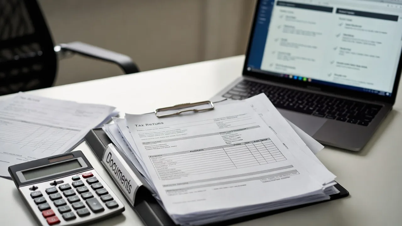 Organized business loan application documents including tax returns, bank statements, and financial reports