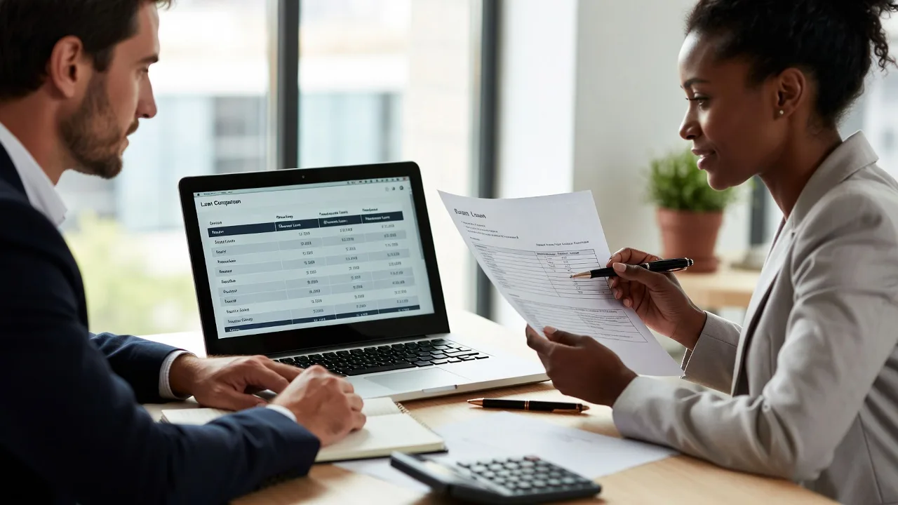 Business owner comparing business loan options and qualification requirements with an advisor