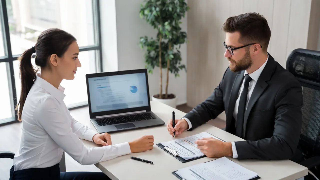Lender and LLC owner reviewing documents during business loan underwriting