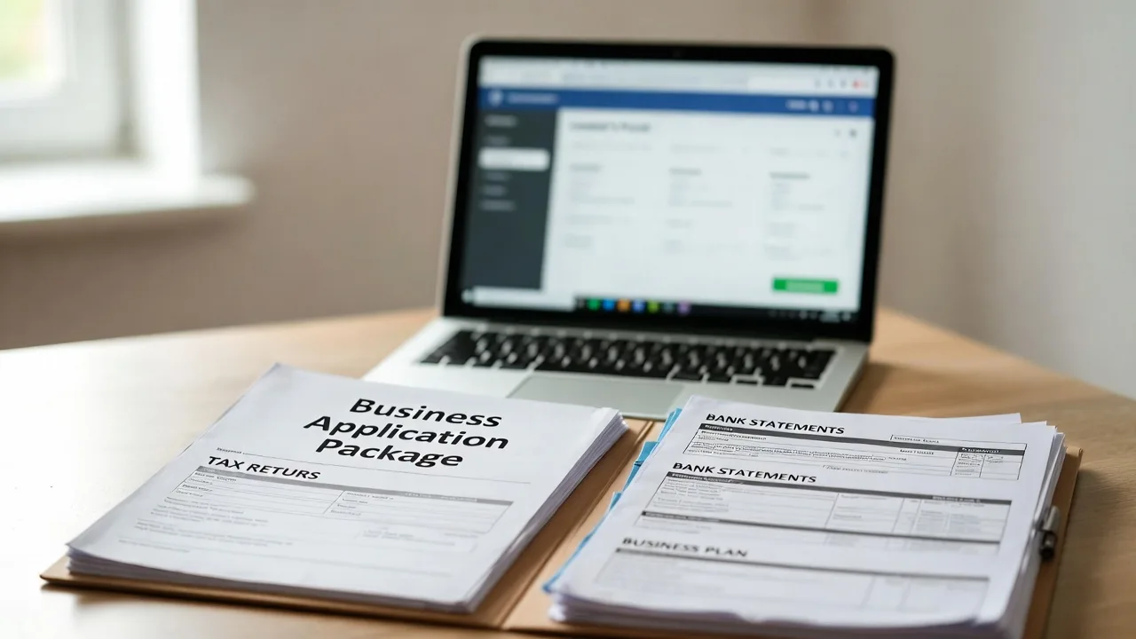 Organized SBA microloan application documents on a desk next to a laptop