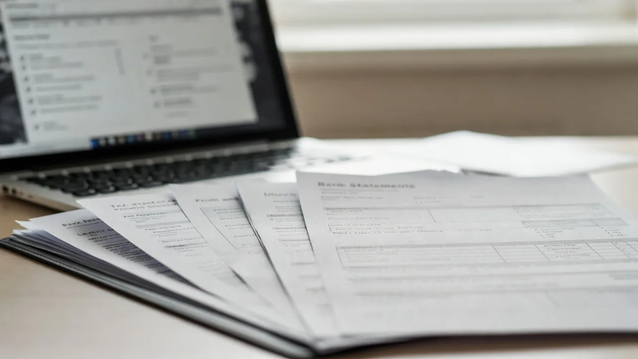 Organized business loan documents including tax returns, bank statements, and financial statements