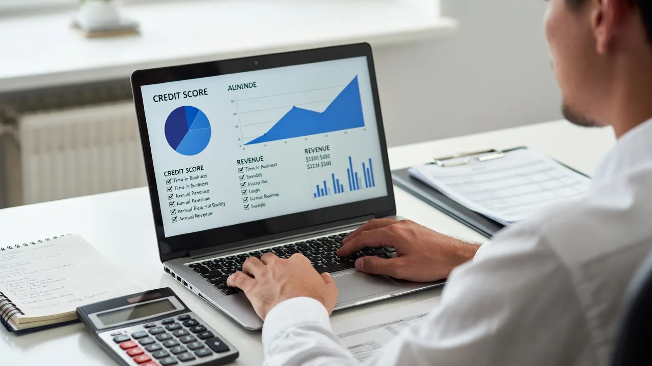 Business owner reviewing credit score, revenue, and eligibility requirements for a loan