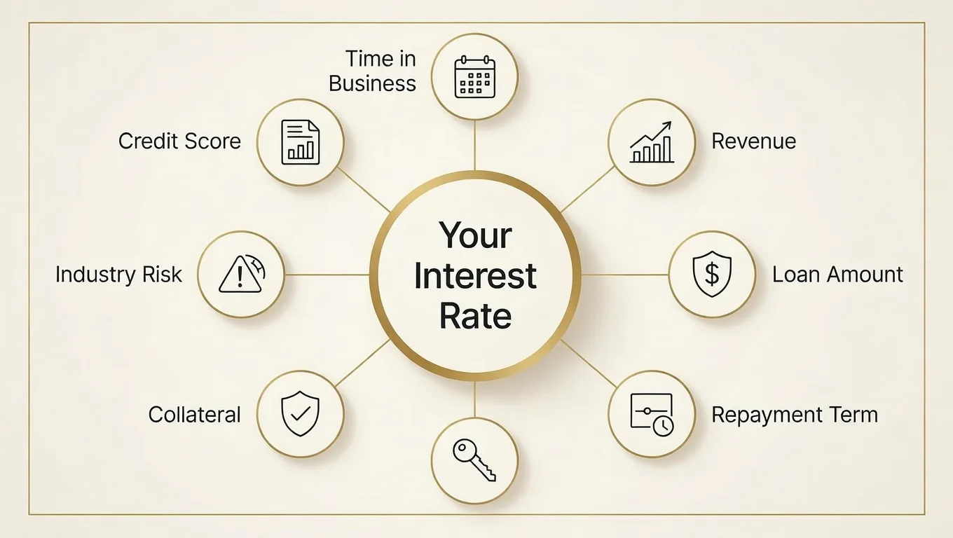 Diagram showing the main factors that influence a working capital loan interest rate.