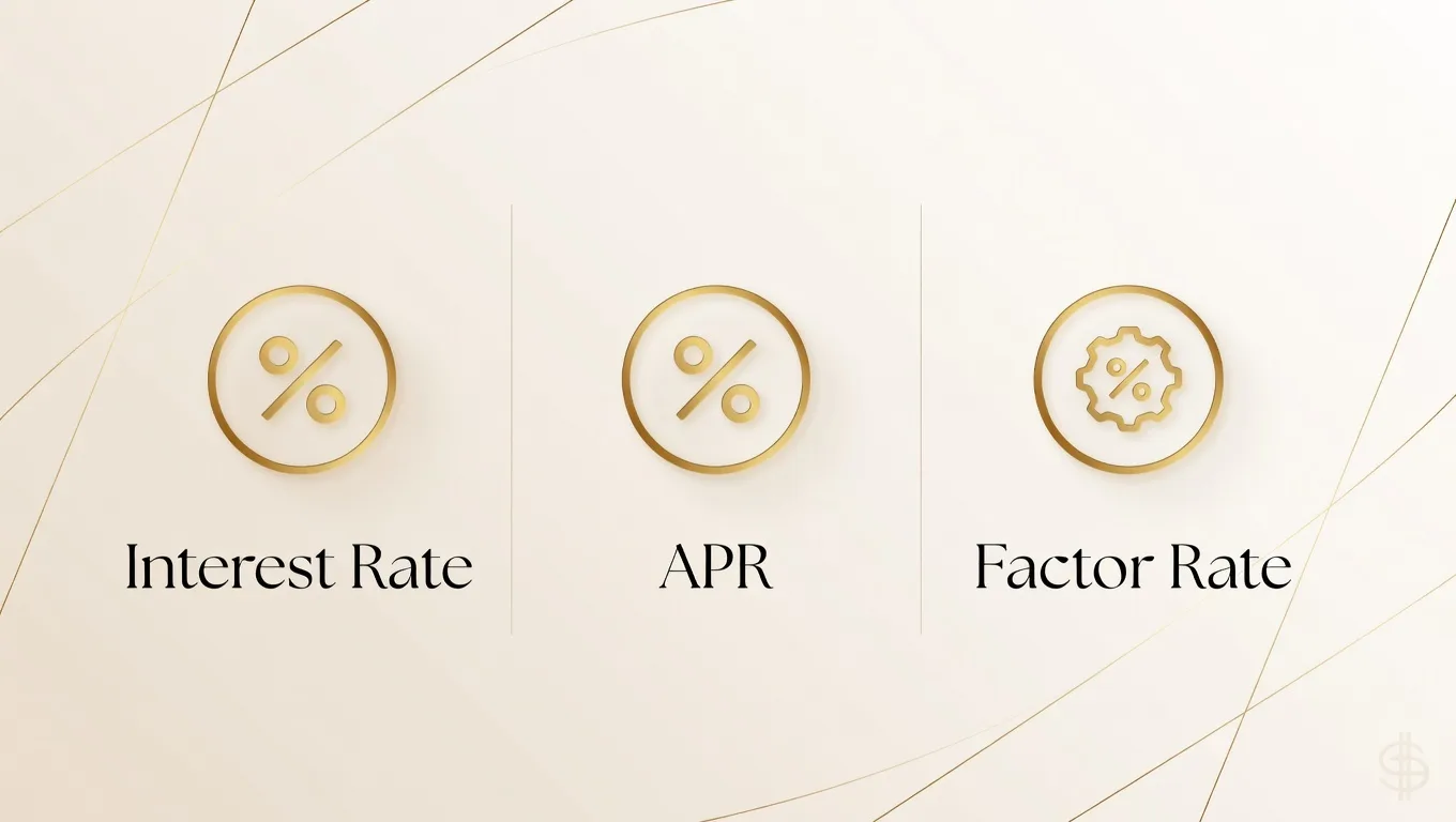 Infographic comparing interest rate, APR, and factor rate for a working capital loan.
