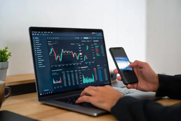 online brokerage platform with stock trading interface on laptop