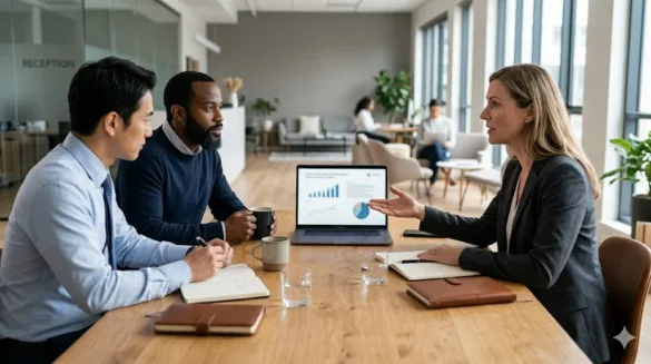 private market investors discussing investment strategy in office