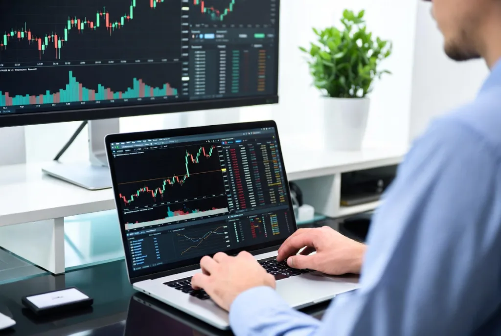 automated trading system running on laptop with financial charts