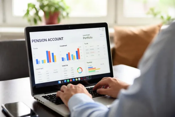 reviewing retirement portfolio with investment funds on laptop