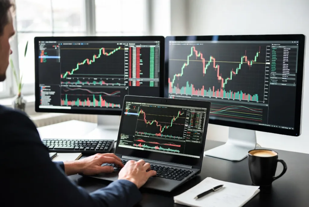 futures trader workspace with charts and trading setup