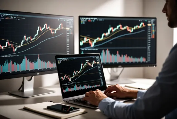 trader workspace with stock charts on multiple screens