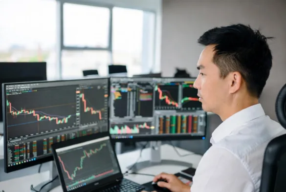 stock broker working at trading desk with multiple screens